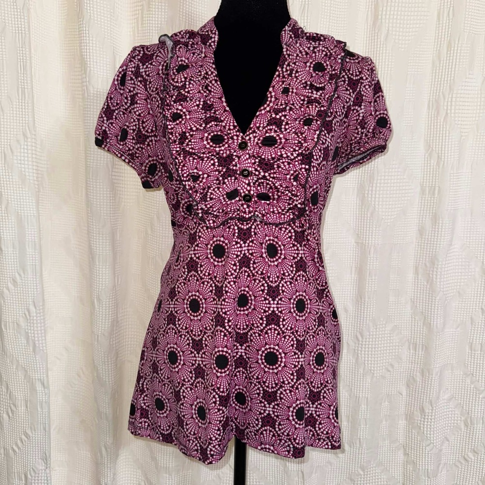 Three Pink Hearts Trixxi Tunic Blouse Top Pink Geometric Retro Ruffle Y2K Medium